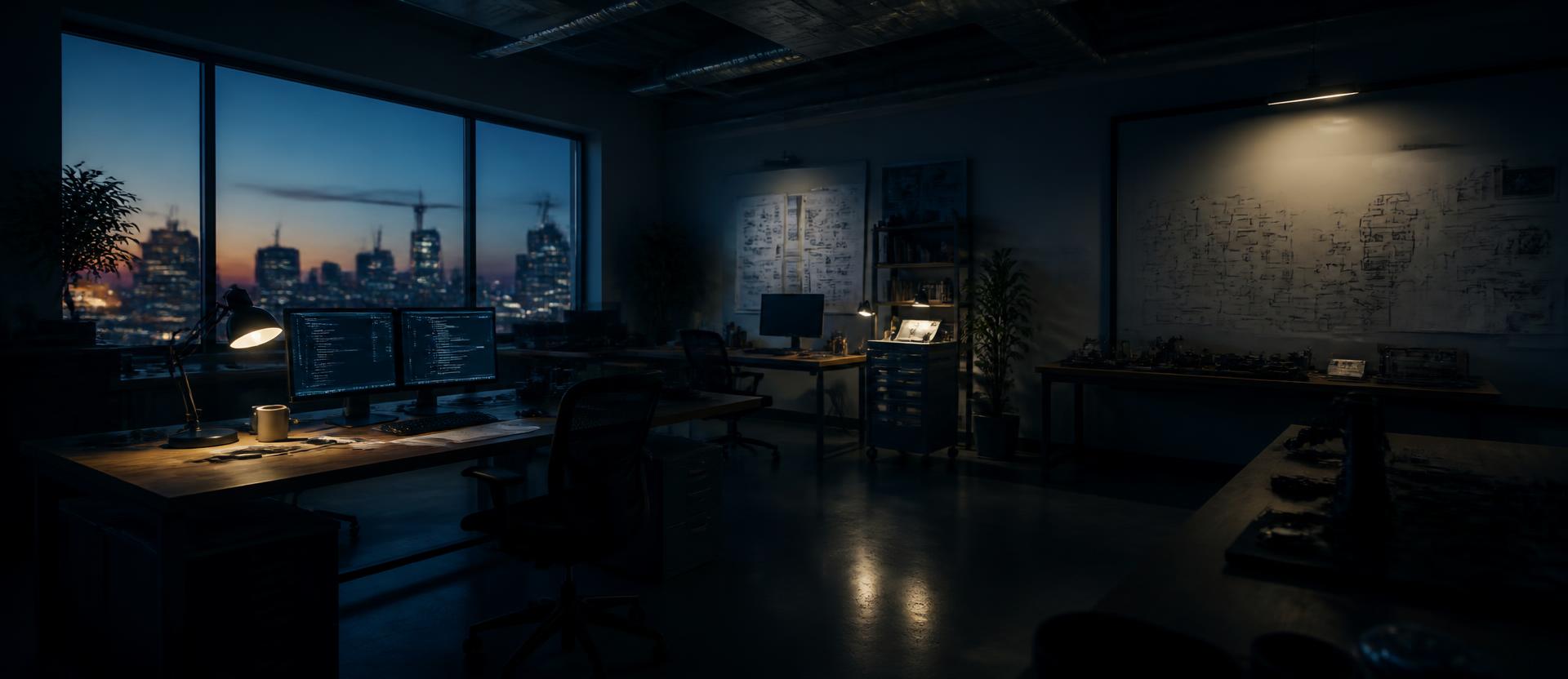 A quiet engineering studio at dusk with one desk lamp on and workflow diagrams on the wall